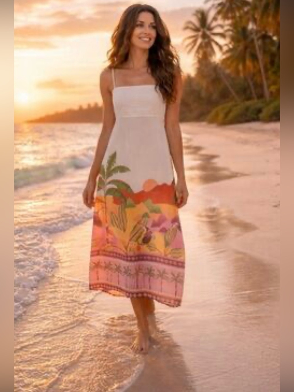 Cream Midi Sun Dress with Tropical Border Print